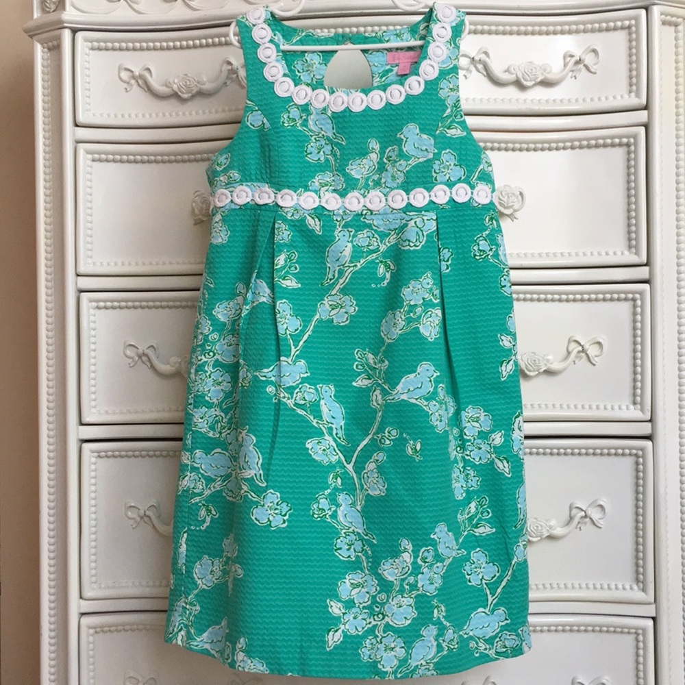 LILLY PULITZER dress girls 14 white crochet green bluebird sleeveless shift